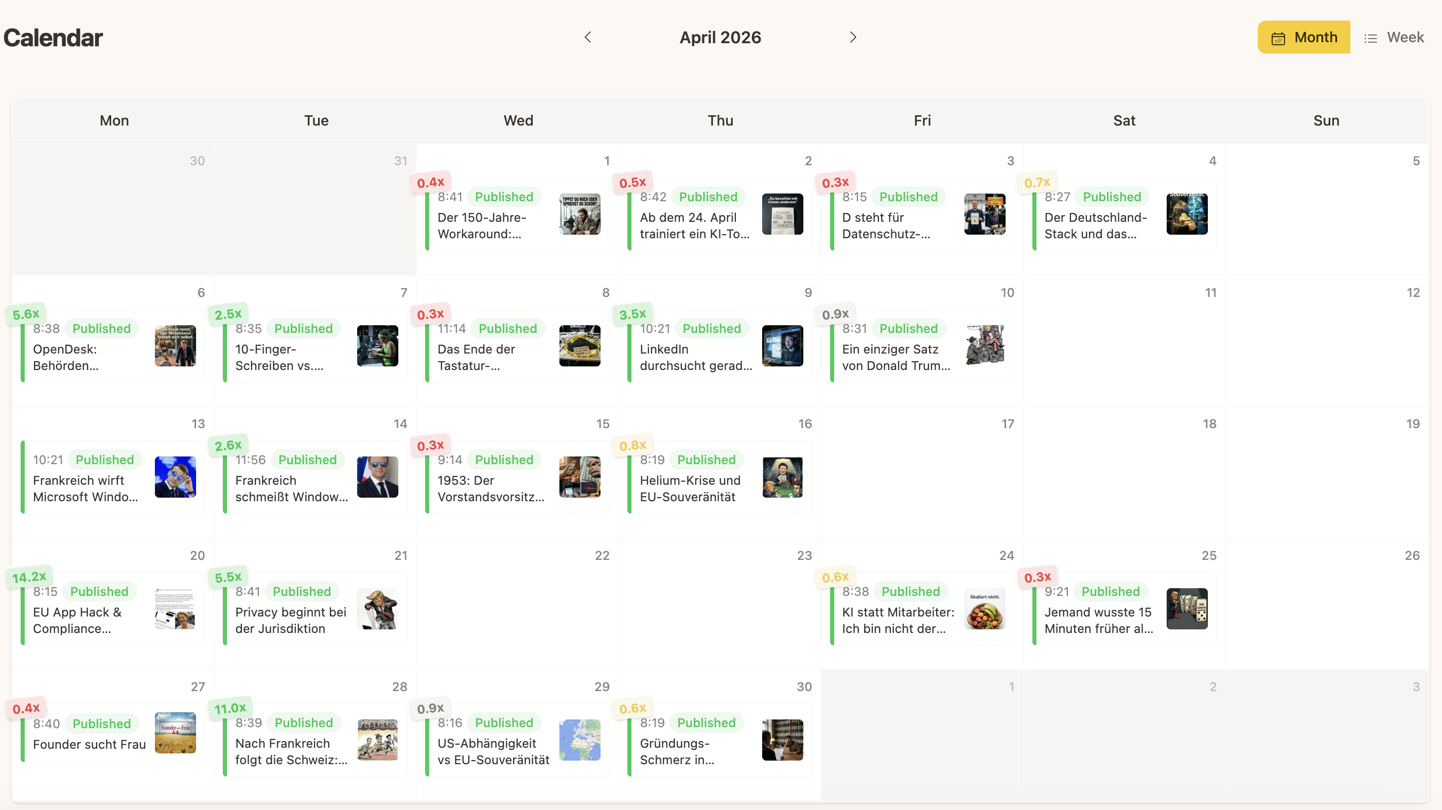 A per-client content calendar with planned and scheduled posts