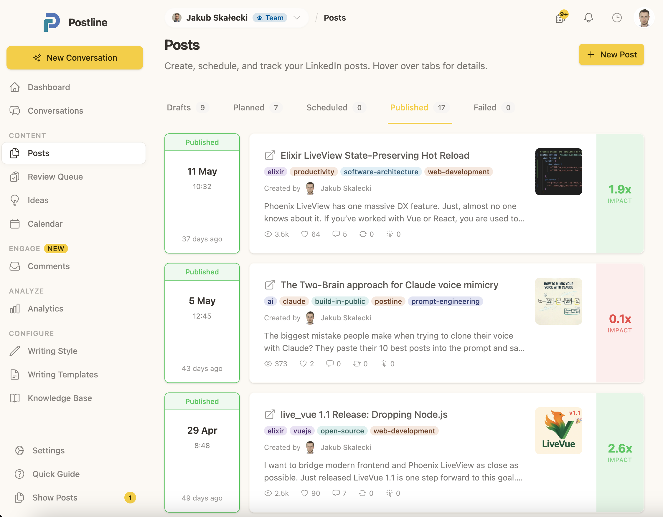 A Postline posts pipeline showing drafts, planned posts, published posts, and Impact Score